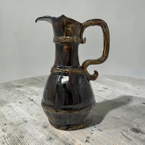 Vintage Studio Art Pottery Ewer Pitcher, Serpent Handle, Drip Glaze Signed 9"